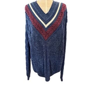 Specialty Collection Vintage Blue Cable Knit V-Neck Sweater Burgundy Stripe L